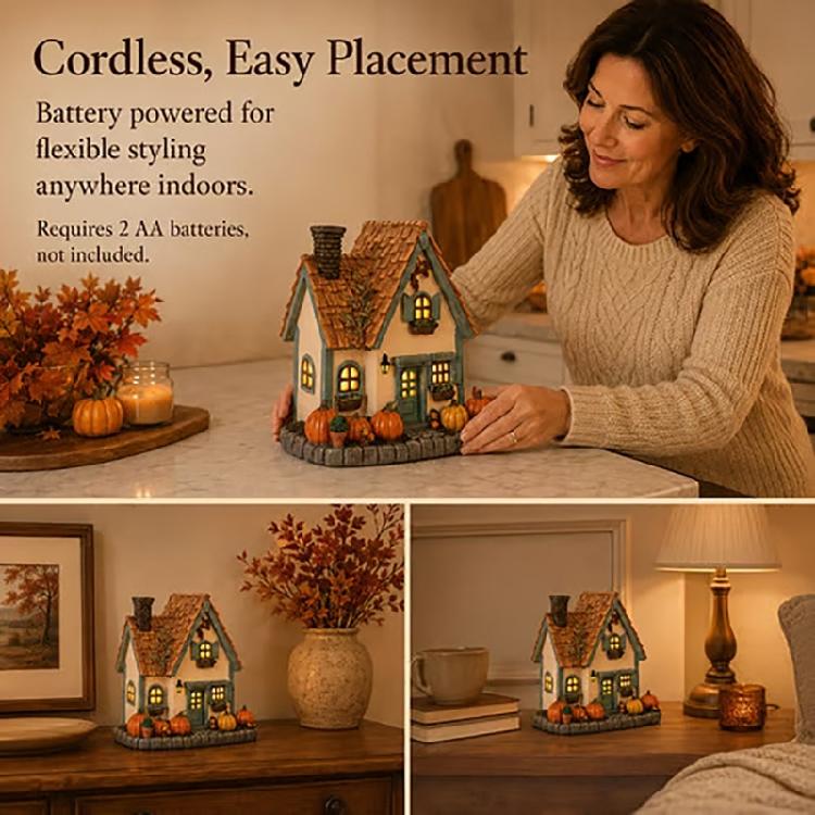 Indoor Resin Harvest House Statue with Warm Window Lighting for Halloween Shelf Styling and Seasonal Fall Scenes