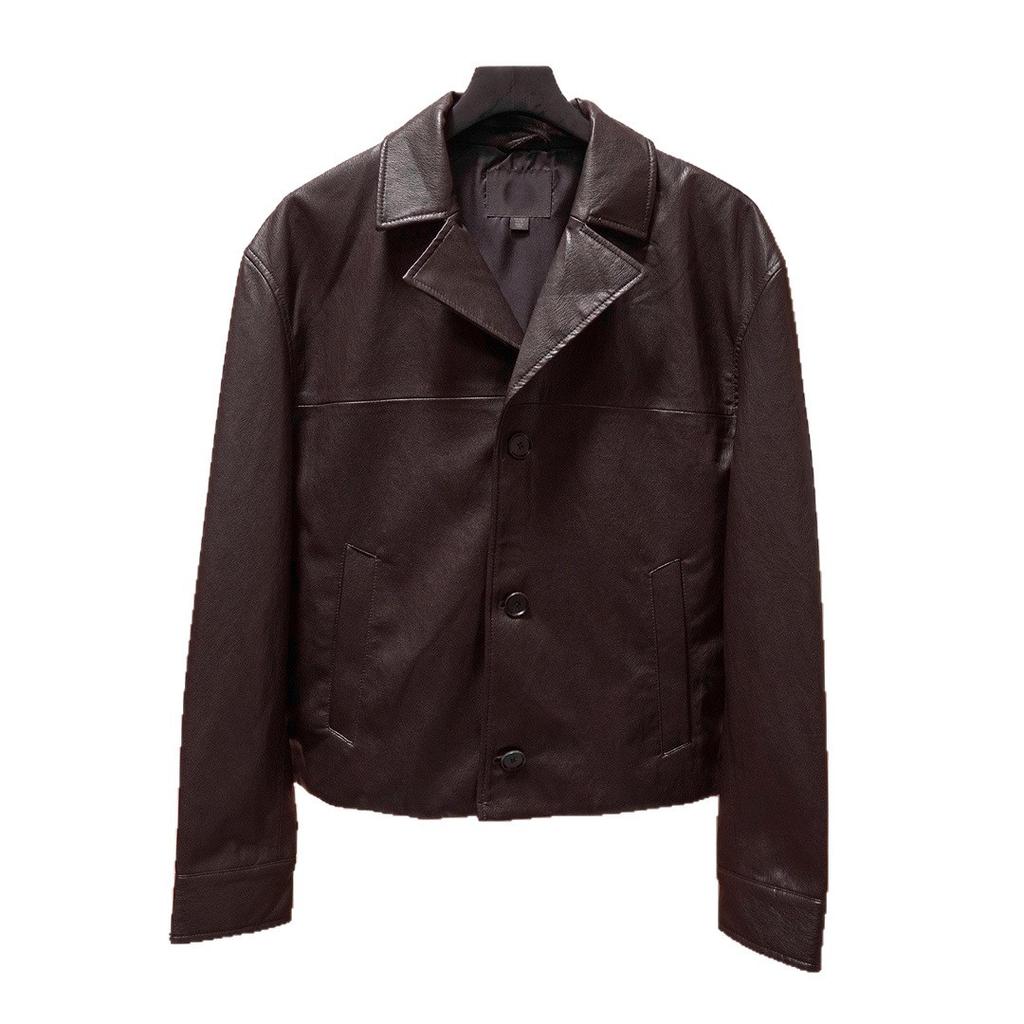 Original European and American fashion men's lapel leather jacket, black simple short coat/retro tooling style