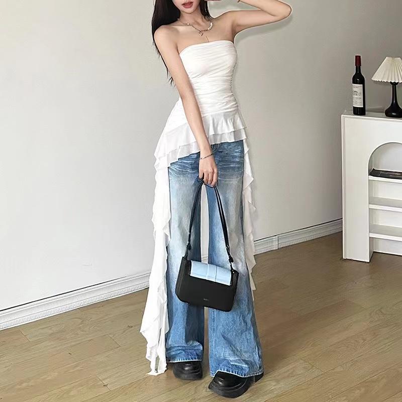 Spring New Solid Color Sweet Gentle Cute All-match High Street Travel Sexy Cool Women Chest Wrap Ruched Tassel Vest