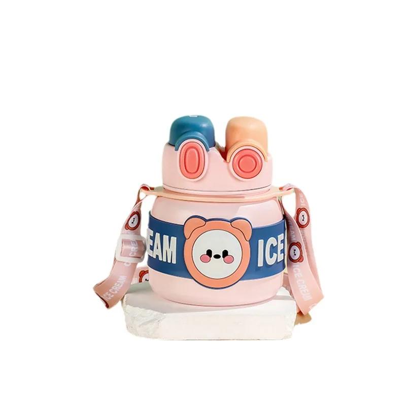 850ml Stainless Steel Children's Insulated Cup Portable Thermos Water Bottles with Strap and Straw Cute Cartoon Big Belly Cups