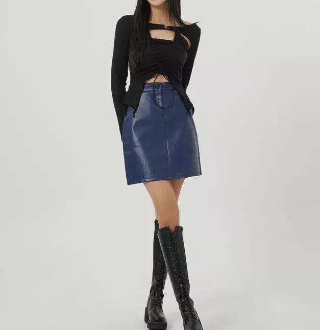 Damenrock Royalblau Kurz Handarbeit Echtes Lammfell Leder Lässig Stylisch Party