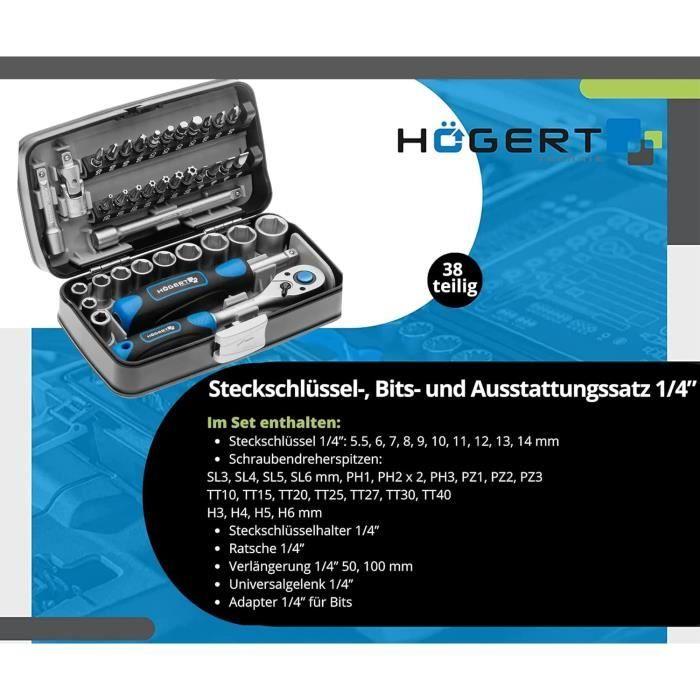 Boîte à Outils - HOGERT TECHNIK - HT1R462 - 38 Pièces - Acier S2 et Cr-V - Mécanisme à Cliquet 72 Dents