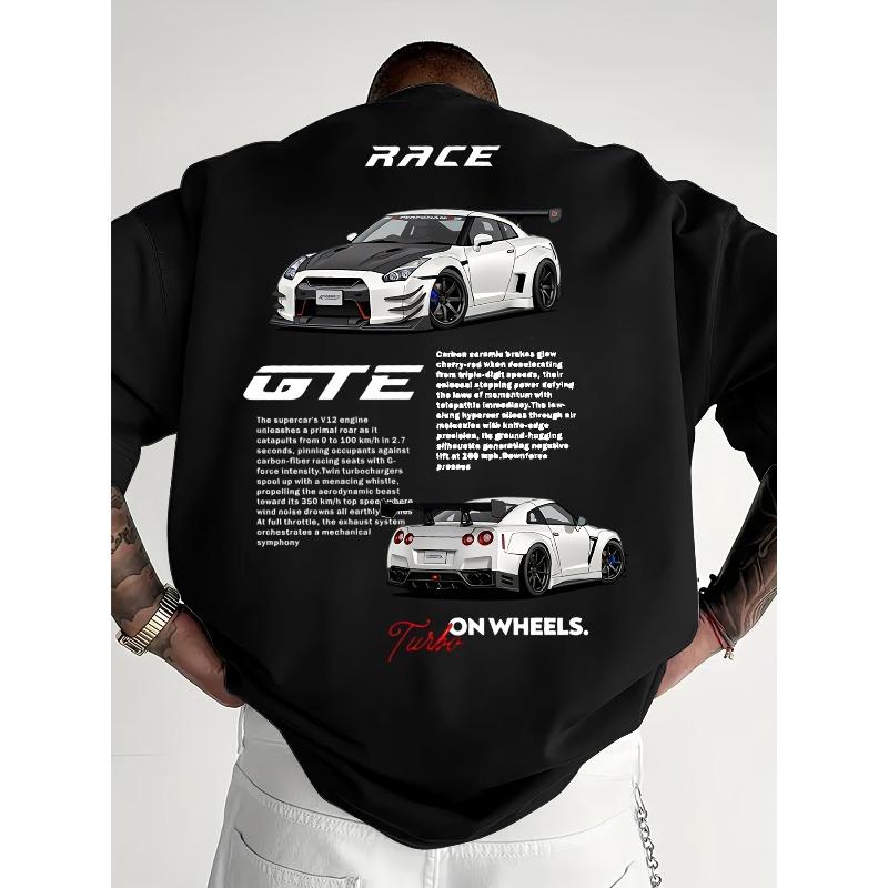 European Sizes Men'S Letter Car Pattern Round Neck T-Shirt, Racing Element Print Tee, Suitable for Car Enthusiasts' Casual Wear
