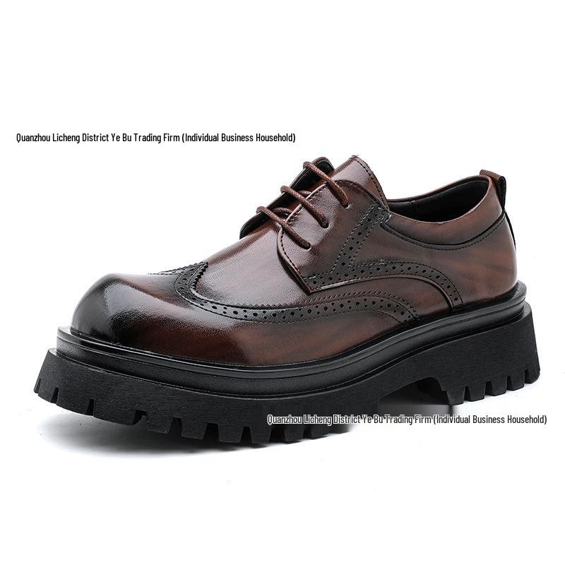 Men's British Style Round Toe Brogue Lace-up Height-Boost Business Casual Shoes