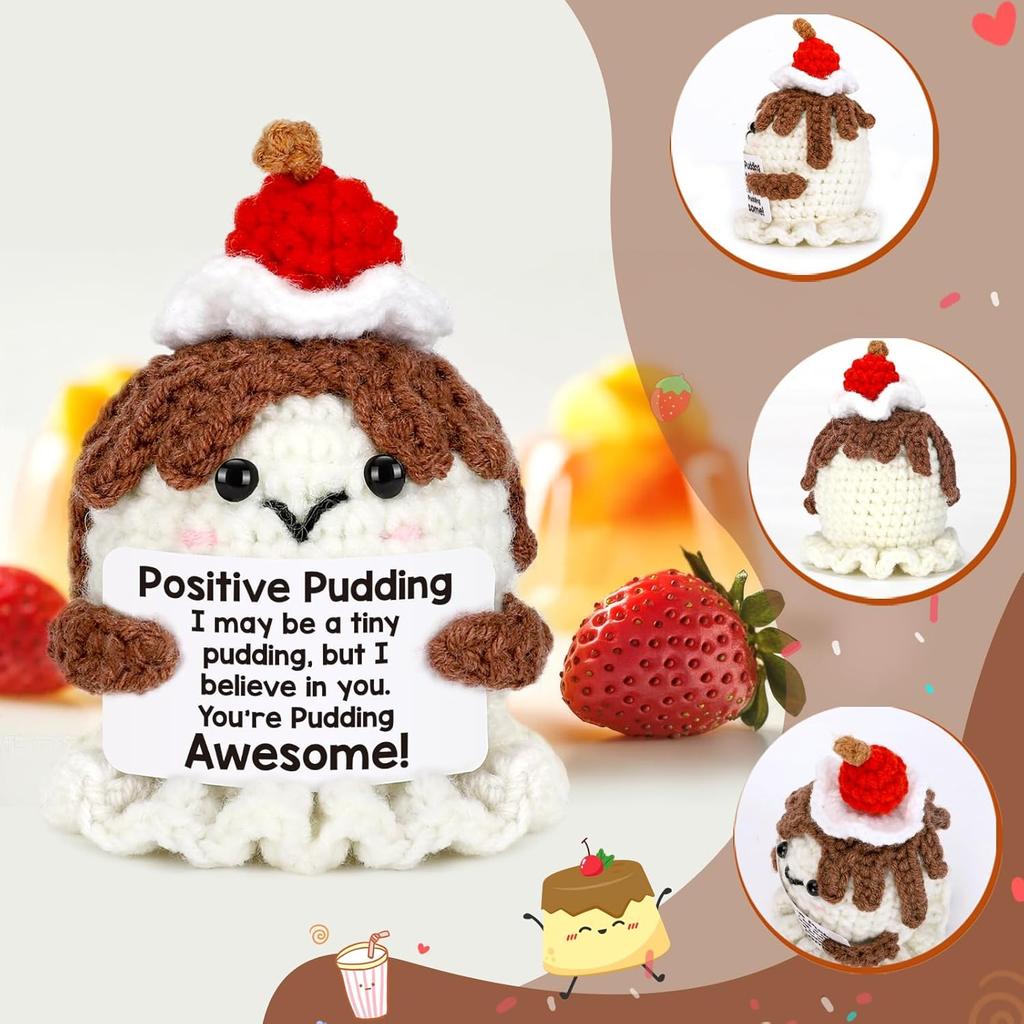 Handgehäkelte Pudding-Puppe Mit Positiver Karte Heimzimmerdekoration Emotionaler Inspirierender Support Pudding Schreibtisch-Ornament
