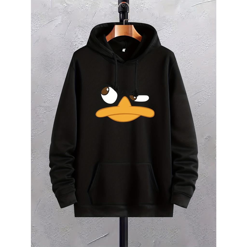 Felpe con cappuccio stampate con anatra dei cartoni animati per uomo, felpa con cappuccio grafica con tasca a marsupio, pullover con cappuccio con coulisse alla moda e comodo