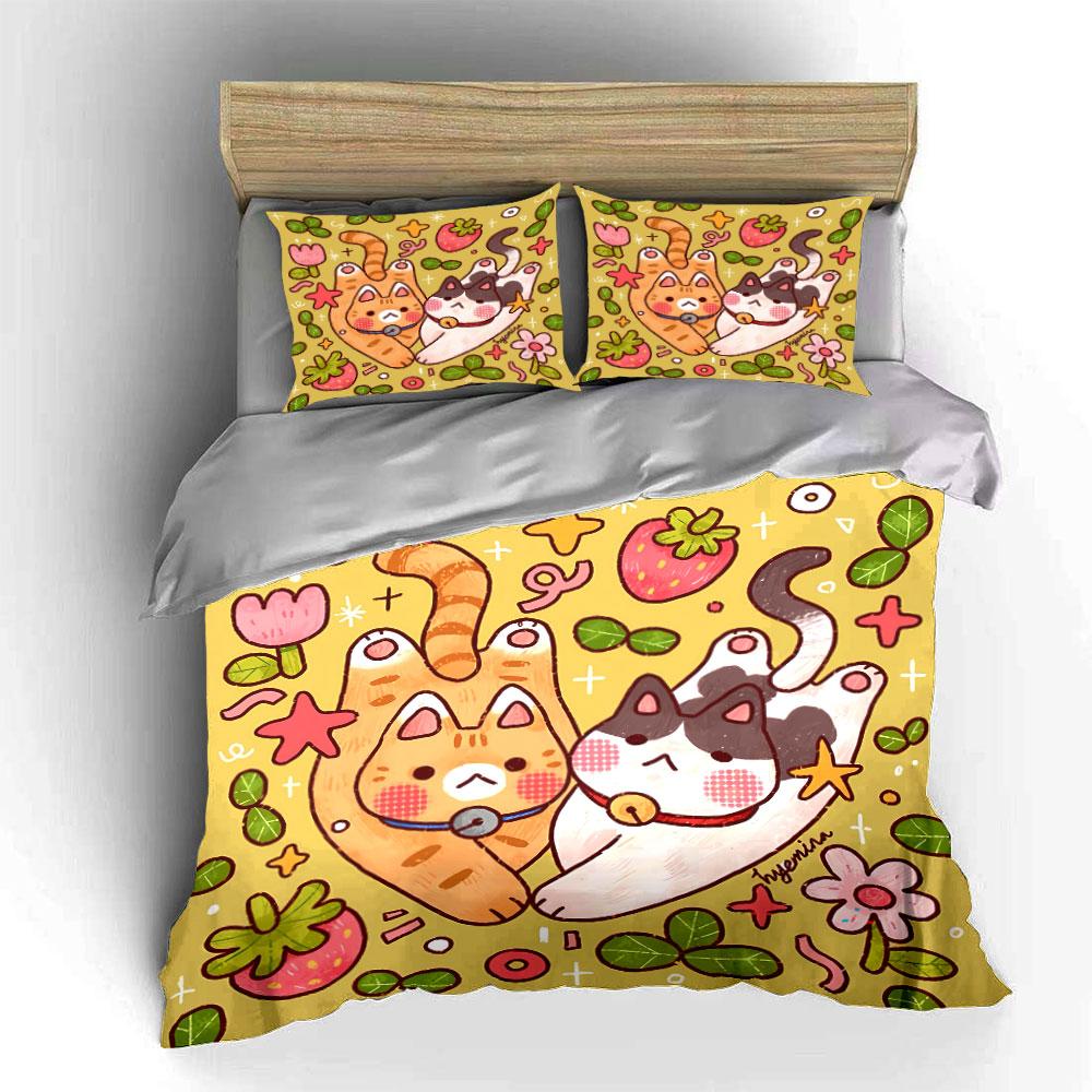 Cute Cats with Strawberries Pattern Bedding Duvet Cover Set Duvet Cover Pillowcases (1*Duvet Cover 2*Pillowcases, Without Duvet Insert)
