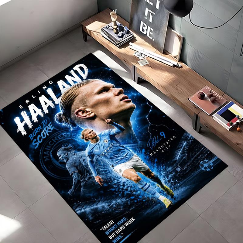 Soccer Star Area Rug, Erling Haaland Manchester City 9 Born to Score Blue Lightning Print, Football Fan Decor, Non-Slip Mat