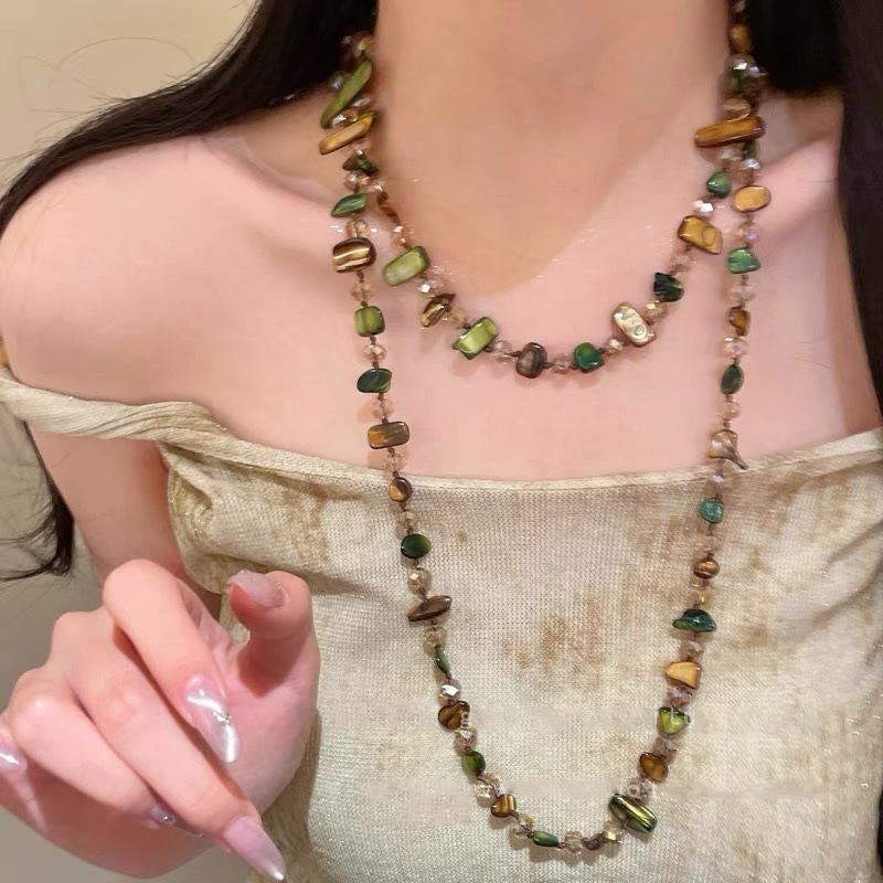 Double Layers Green Colorful Beaded Necklace Vintage Pearl Chain Necklace Women For Beach Party Casual Wear Accessories Gift