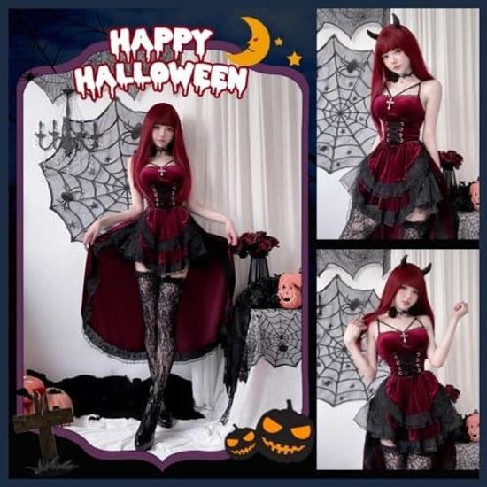 JUNDOMECY Witch Devil Cosplay Little Sexy 6-Piece Set Wings Pannier Black Red Demon Vampire Halloween Costume Adult Ladies Cute Plus Size Horns Dress