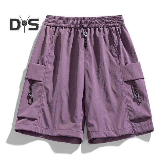 Pantaloni scurți pentru bărbați, cu talie elastică și șnur reglabil, sport, cu buzunare multiple, culoare solidă, croială lejeră, pantaloni scurți casual