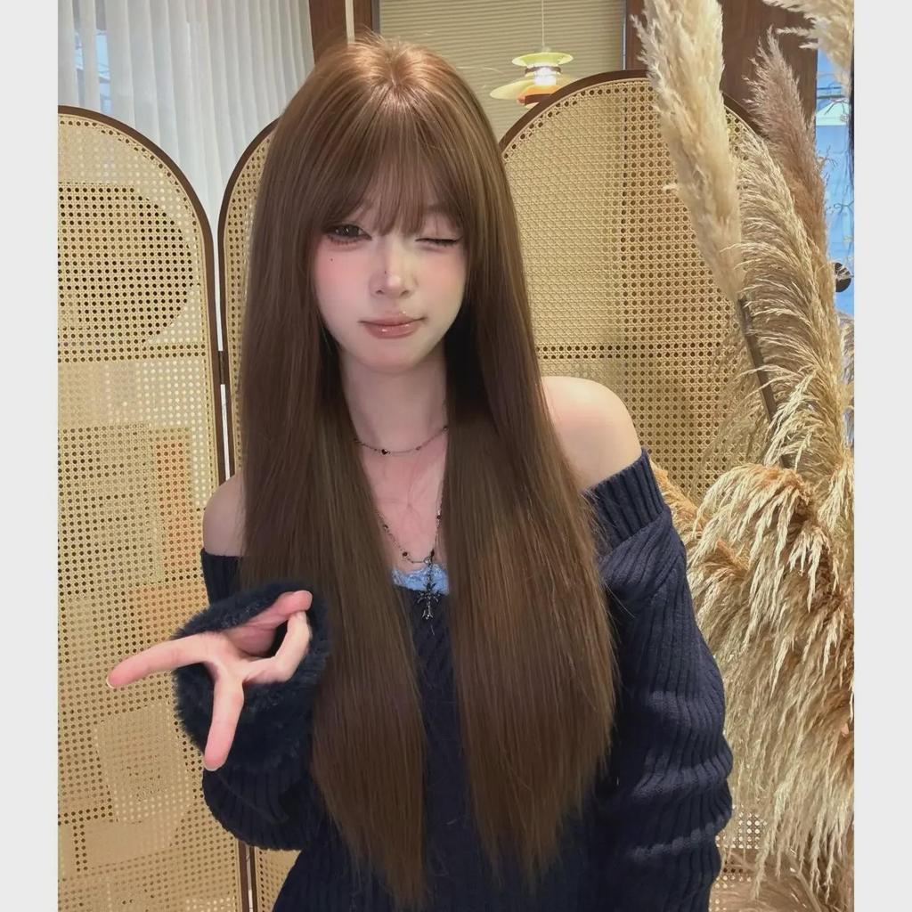 Yuan Yang Honey Tea Linen Long Straight Wig - Realistic, Fluffy, and Natural-Looking Bangs for Women.