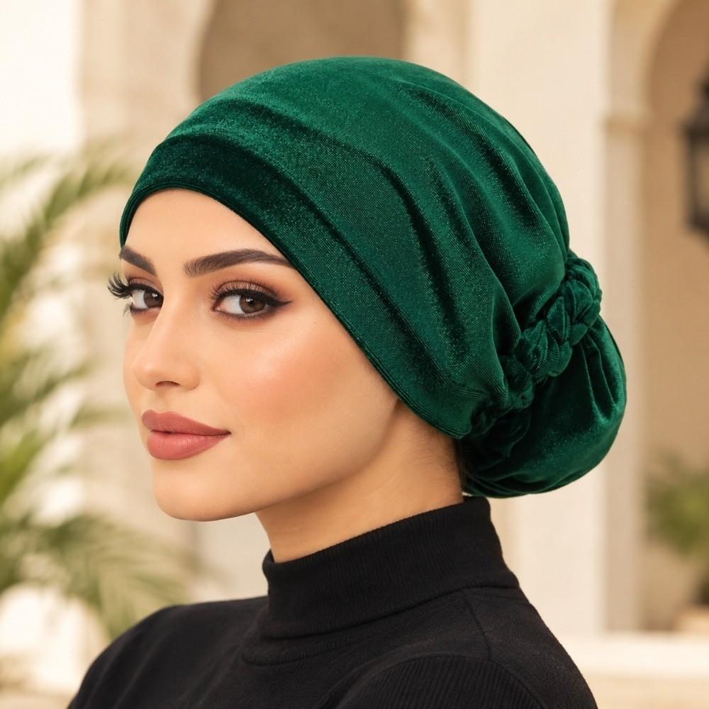 Plated Finish Velvet Turban Hat Solid Color Chemo Beanies Elegant Muslim Headscarf Cap for Women