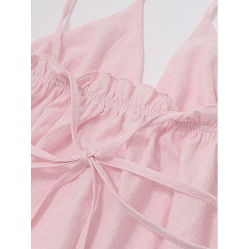 Summer New Arrival Wooden Ear Wrinkle Idle Style Sling Women's Pink Tops Low Cut Open Back Shoelace Sexy Vest