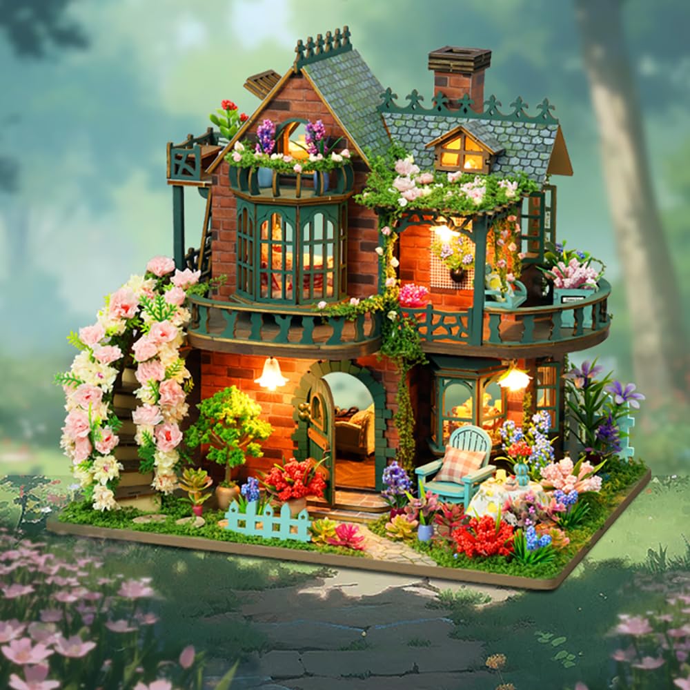 QmXCyzl DIY Dollhouse Miniature Kit for Beginners, Furniture, Room Decoration, 3D Architectural Model, No Dust Cover, Hobby, Handmade (Elf Garden)