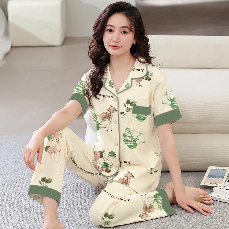 Imitation cotton pajamas women's summer new short-sleeved trousers simple flower mother loungewear large size set