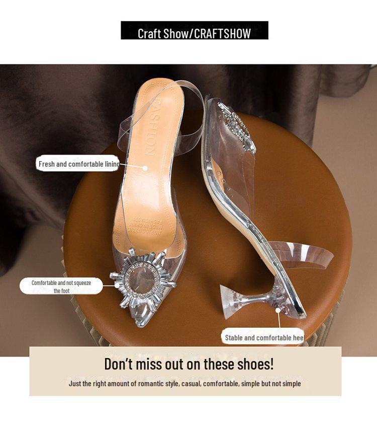 2023 Spring/Summer Sunflower Heeled Sandals: Pointed Toe, Strappy, Transparent Crystal, Thick Wine Glass Heel