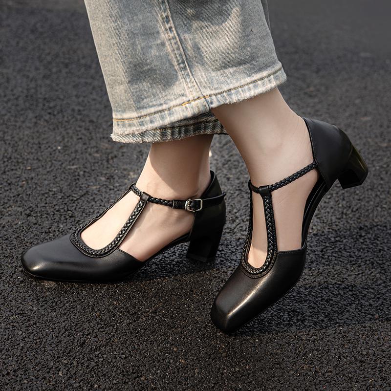 Fashion Fashion Women Genuine Leather Thick Heels Pumps Slingbacks 2025 Summer Shoes Square Toe Leather Party Wedding Shoes Woman Pumps