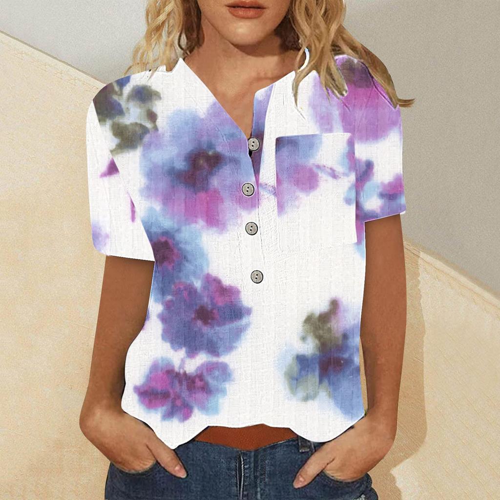Women's Summer Casual Fashion Cotton Linen Printed Women's Short Sleeve Shirt Tops