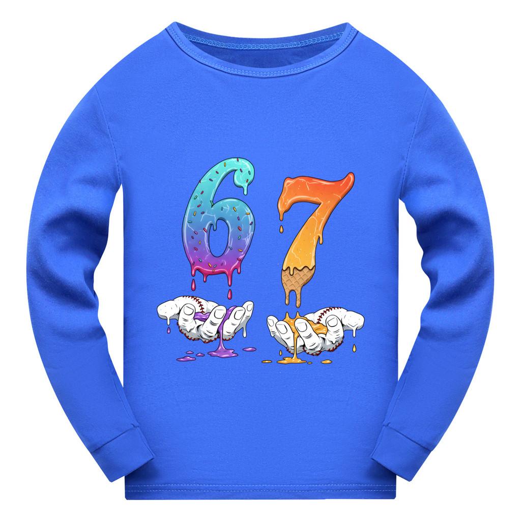 5231 Kinder Jungen Mädchen Steal a Brainrot 67 Sechs Sieben Aufdruck Langarm T-Shirt