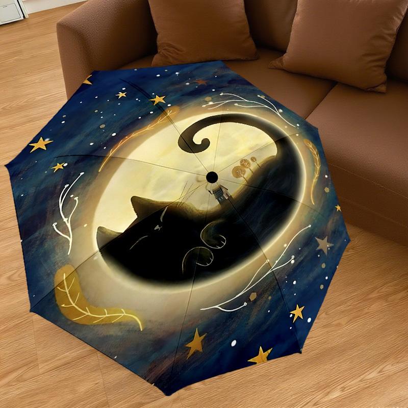 1PC cat moon Automatic Open/Close Umbrella with Windproof, 8-Rib Sturdy Canopy, Durable Ribs, Fashionable Design, Outdoor Accessory, Fun Prin, Holiday
