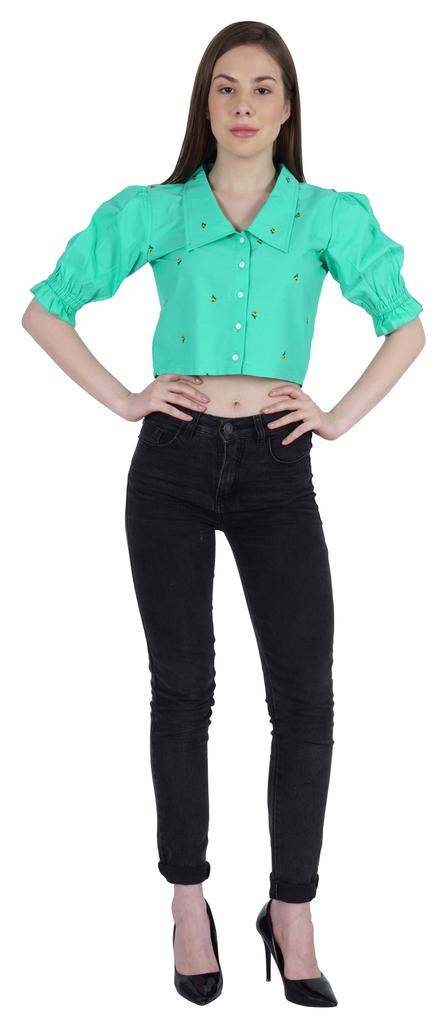 Moomaya Puff Sleeve Crop Top For Women Solid Button Down Collar Designer