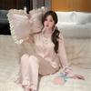 Spring and Summer Ice Silk Long-sleeved Trousers Ice and Snow Silk Pajamas Set Solid Color Simple Atmospheric Lace Loungewear Can Be Worn Outside