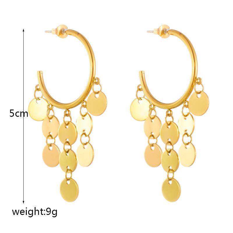 Gold Plated Hoop Earrings with Disc Tassel Charms Fashion Jewelry for Women