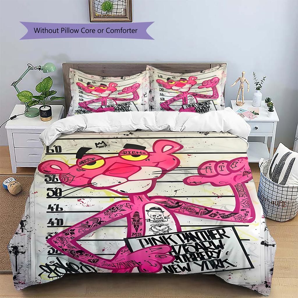 Juego de ropa de cama con estampado de la Pantera Rosa, funda nórdica y funda de almohada. Regalo ideal para el hogar o cumpleaños. (1 * funda nórdica + 2 * fundas de almohada, sin núcleo)