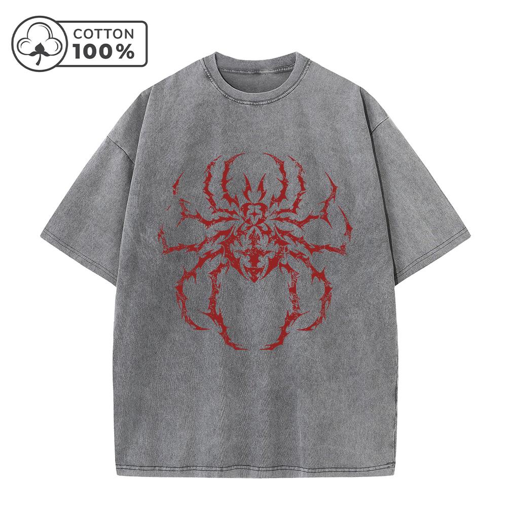 

Mens Streetwear Yk Red Spider Print Washed TShirt Casual Pure Cotton Crew Neck Short Sleeve Daliy Fashion Commute Fitness Top S
