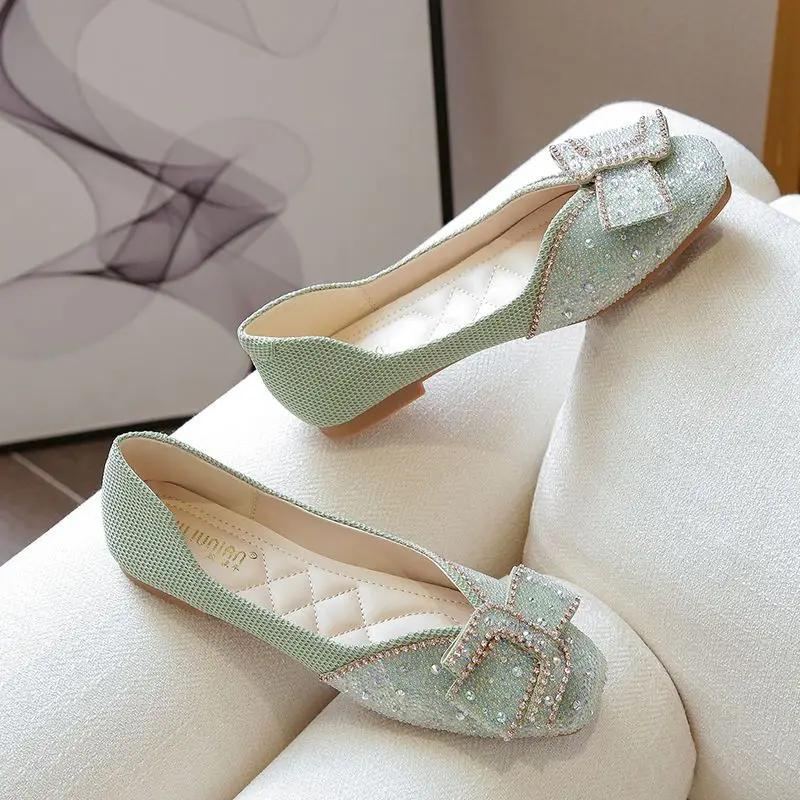 Rhinestone With Bow Crystals Non Slip Woman Flats Diamond Shoes for Women Comfortable and Elegant Summer a Spring Popular