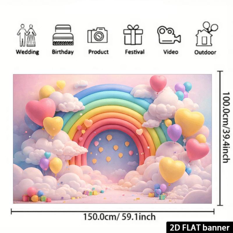 Bannière plate 2D, grand fond en tissu sur le thème de l'arc-en-ciel, ciel dégradé rose et bleu, arche d'arc-en-ciel géante