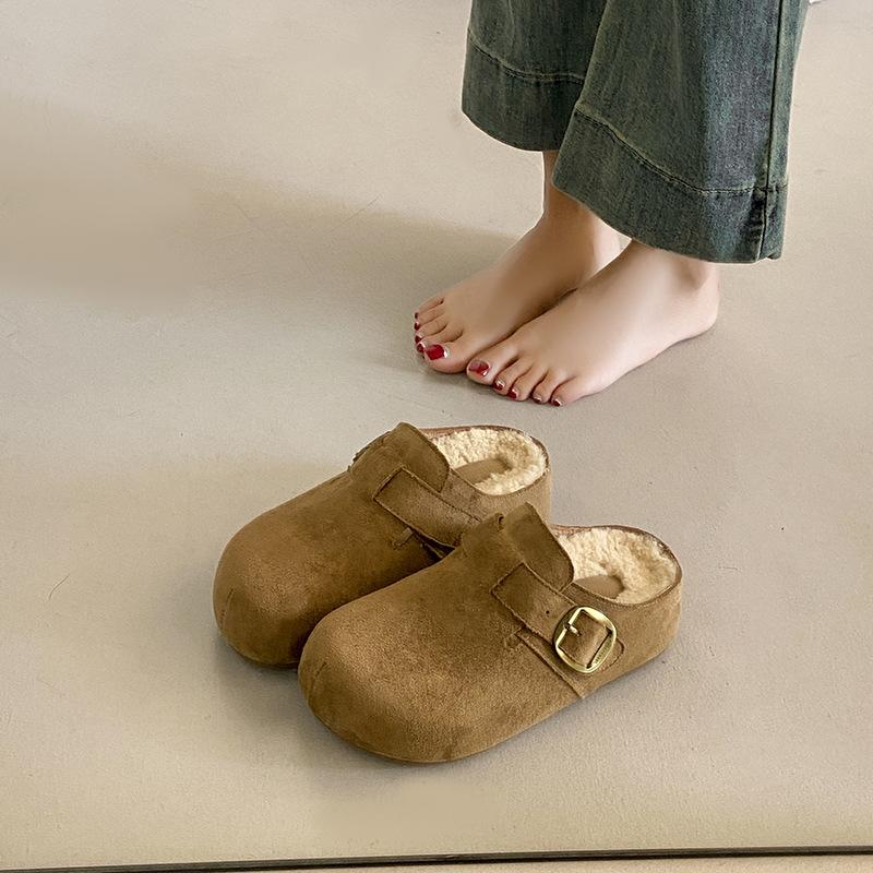 2025 Autumn and Winter New Belt Buckle French Retro Loafer Women's Shoes Doudou Velvet Platform Versatile Cotton Slippers