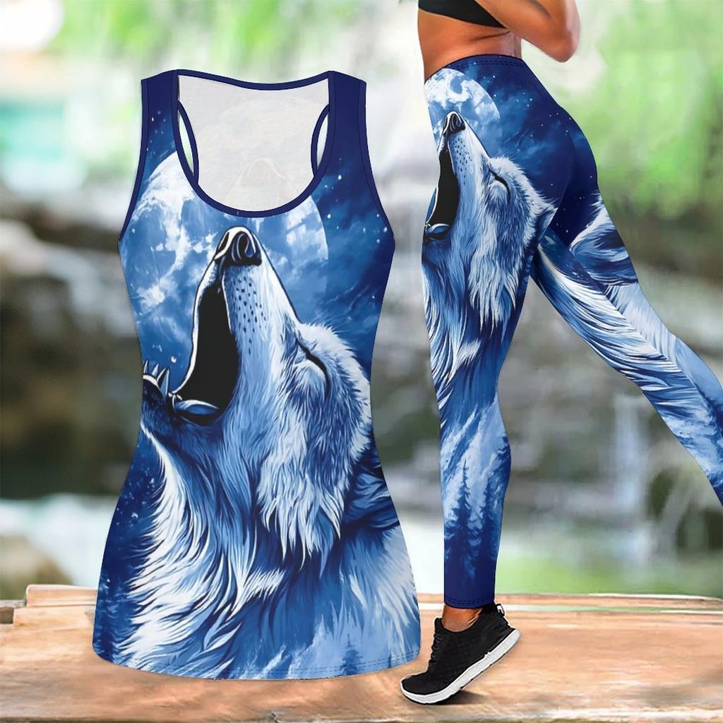 Silny Wilk Wzór Nadruk Strój do Jogi dla Kobiet Moda Legginsy Treningowe Fitness Sportowy Codzienny Zestaw do Jogi Garnitur Sportowy