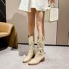 Western Cowboy Boots 2025 Spring and Autumn Thick Heel V-neck Embroidered Hole Knight Boots Retro Size Breathable Women's Boots