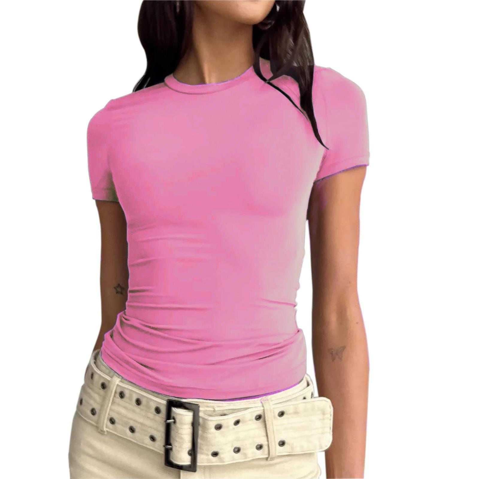 

GMXIA Женская летняя черная модная универсальная облегающая женская футболка с круглым вырезом M розовый