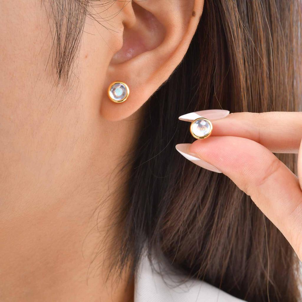 Exquisite Round Moonstone Stud Earrings for Women, Hypollergenic Stainless Steel Small Earrings, Elegant Aesthetic Jewelry Gifts