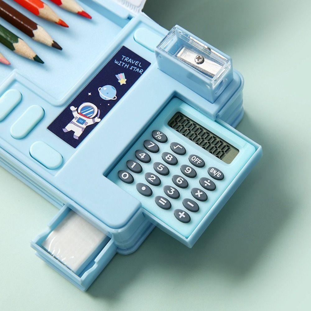 Kunststoff-Federmäppchen Lustiges Mechanismus-Design Beidseitig verwendbar Schreibwaren-Aufbewahrungsbox Große Kapazität Mit Rechner/Anspitzer