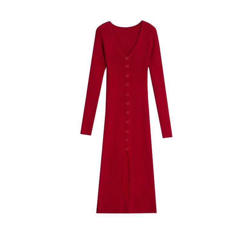 

Мода Ветер Новое поступление Мода Сексуальное V-образное декольте Длинный рукав Вязаное Облегающее платье V-образный вырез Вязаное платье Burgundy S