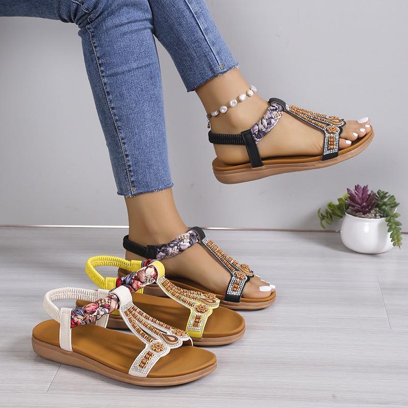 Large size sandals women's summer new flat-bottomed open-toed beaded bohemian beach shoes