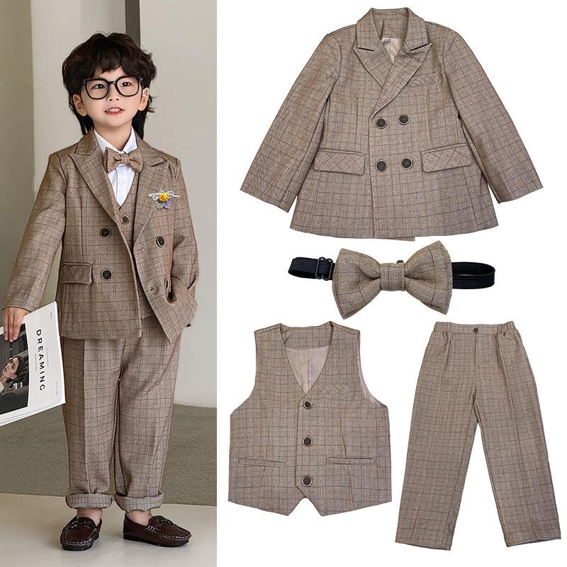2025 Autumn British Plaid Tuxedo Suit for Kids: Boys' & Girls' Performance Vest Costume