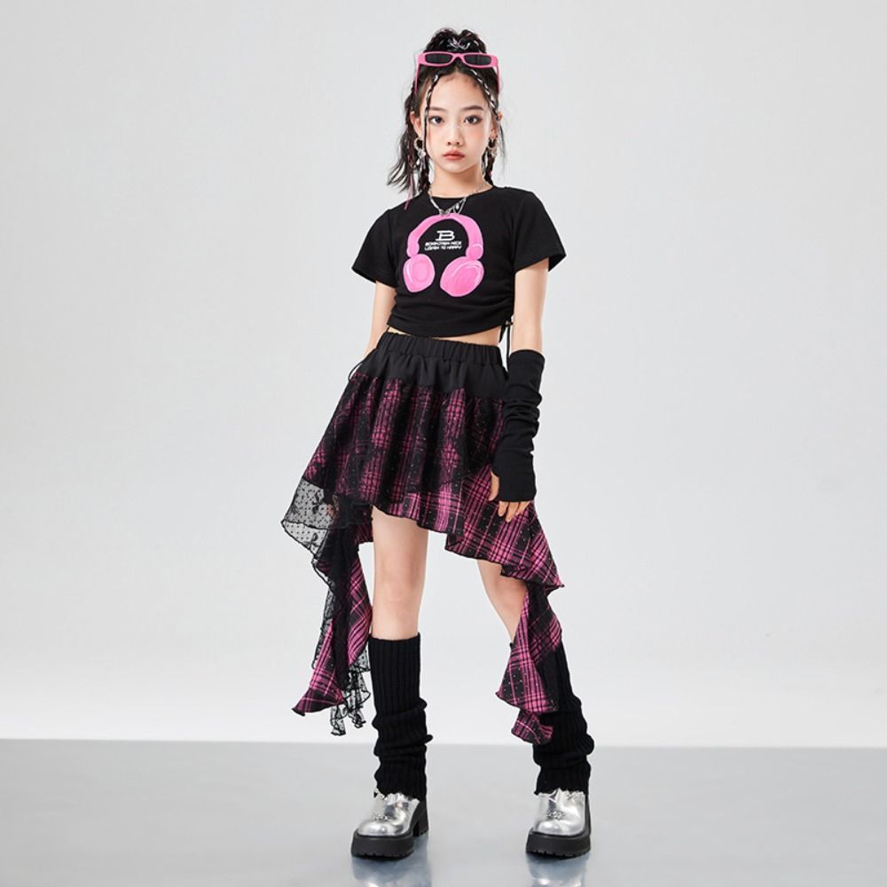 Jazz Children Dance Costume Streetwear T-shirt Plaid Skirt Set Fashion Y2k Outfits Suit  Stage