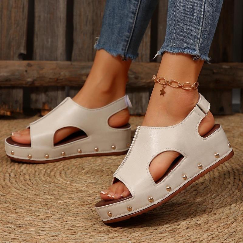Summer New Thick Bottom Slope with Sandals Female Velcro Large Size Rivets Flat Fish Mouth Sandals