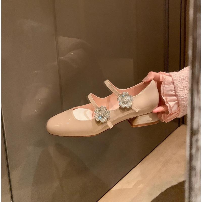 

Shoes square head rhinestone flower diamond thick heel Mary Jane single shoes women s wedding shoes spring 40