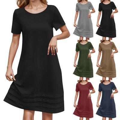 Women's Fashion Casual Cotton Linen Loose Solid Colour Short Sleeve Round Neck Dresses
