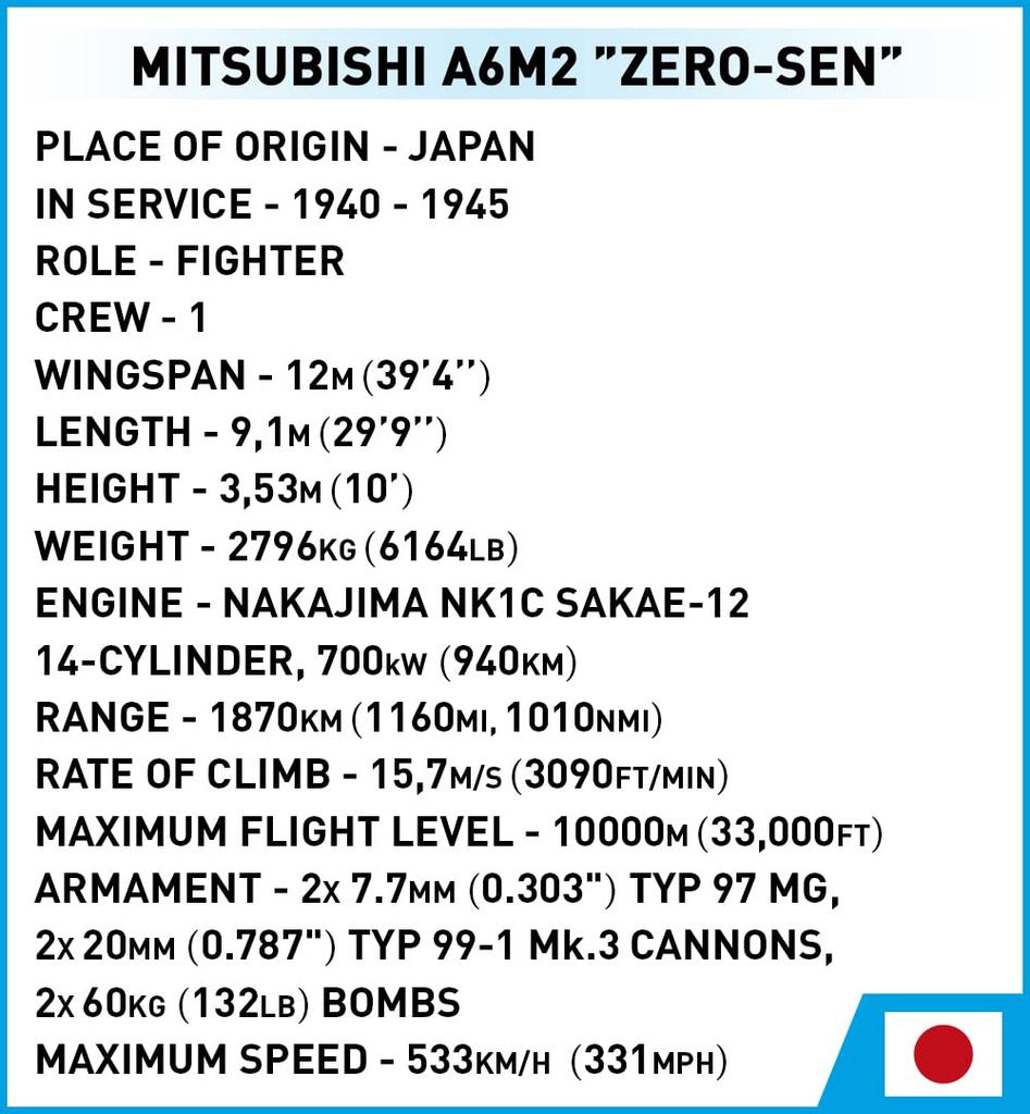 Cobi Historische Sammlung #5729 Zero A6M2 Trägergestützter Jäger (Japanische Armee) Maßstab 132