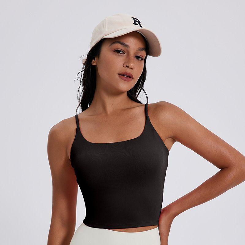 

Spaghetti Strap Beauty Back Fixed Cup One-Piece Vest Bubble Wrap Sports Bra Running Fitness Top Yoga Intimates Elastic Black L