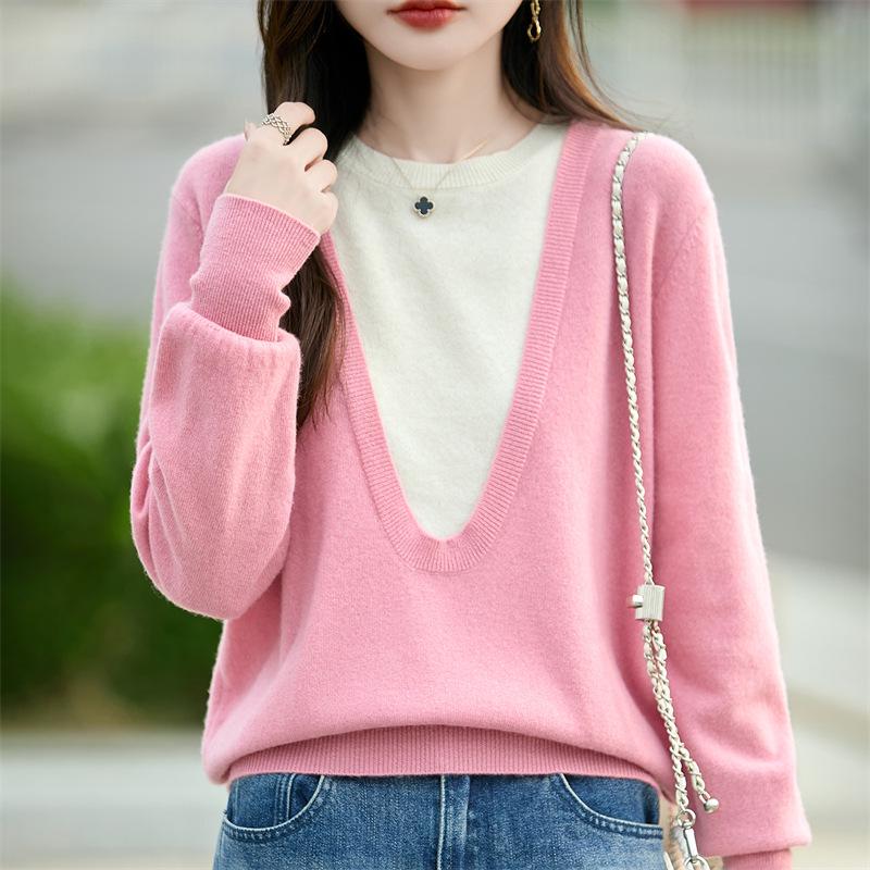 2025 Autumn/Winter Women's 100% Pure Wool Color Block Round Neck Sweater - Versatile Fake Two-Piece Pullover Base Layer