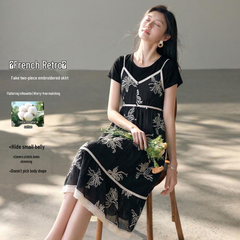 Elegant Lace Embroidered Fake Two-piece Summer Dress M