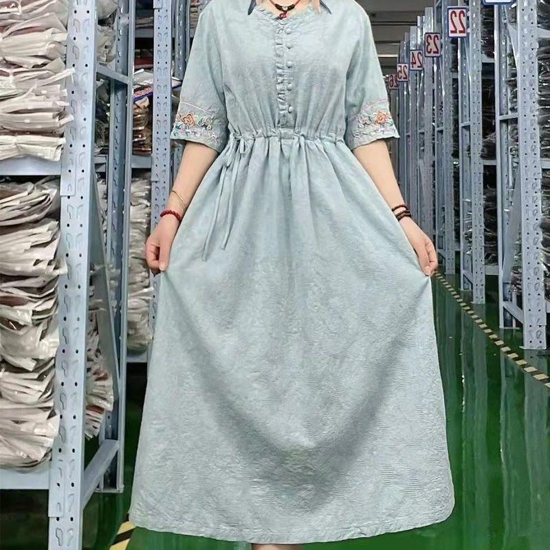 Retro Ethnic Embroidered Cotton Jacquard Midi Dress - Slim Fit, Cinched Waist, Trendy Summer Style